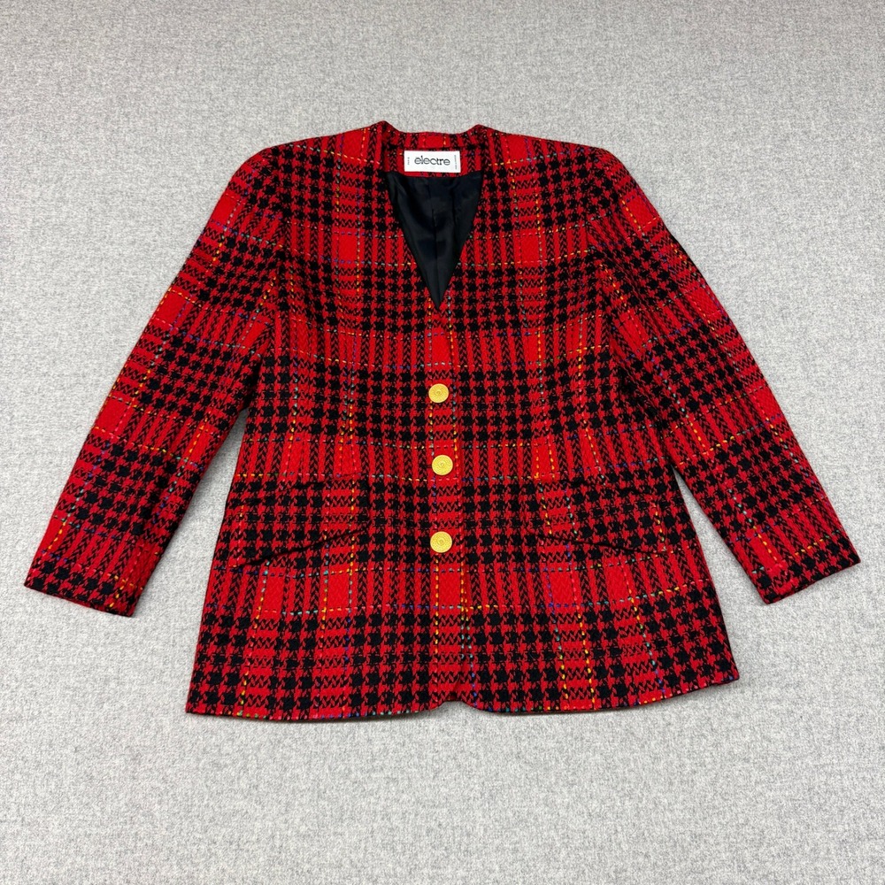 Electre Paris Blazer Large Red Black Plaid Tweed Gold Button Vintage France 1120